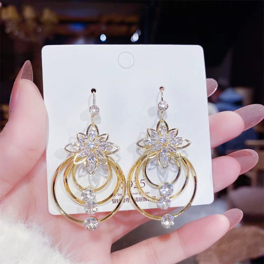 Fashion Rhinestone Long Tassel Earrings Lotus Flower Zircon Hook Earrings Drop Dangle Women Jewelry Gift